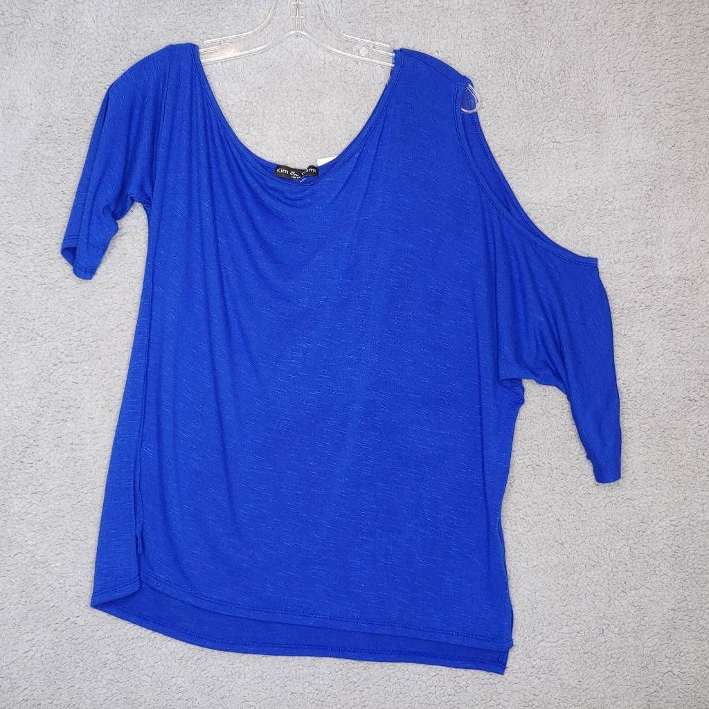 Kim & Cami Womens Blouse Blue Heathered Cold Shoulder Sleeve Stretch Usa L New